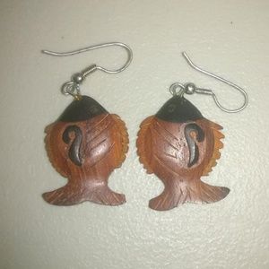Wooden Fish Earrings, Black markings on Brown wood